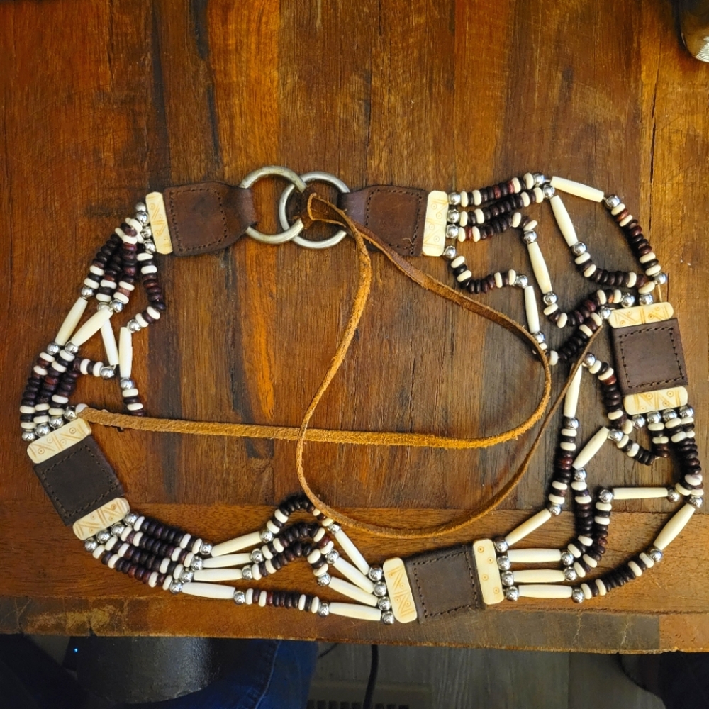 Beaded Retro Belt, Hairpipe Beads, Round Beads, Leather, 35" long 1.5"" Wide